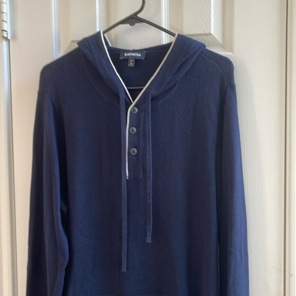 Express Men's Navy Blue Button Henley Hoodie Sweatshirt Size LT